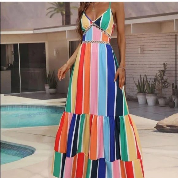 Colorful Rainbow Striped Ruffle Dress - Picture 1 of 9